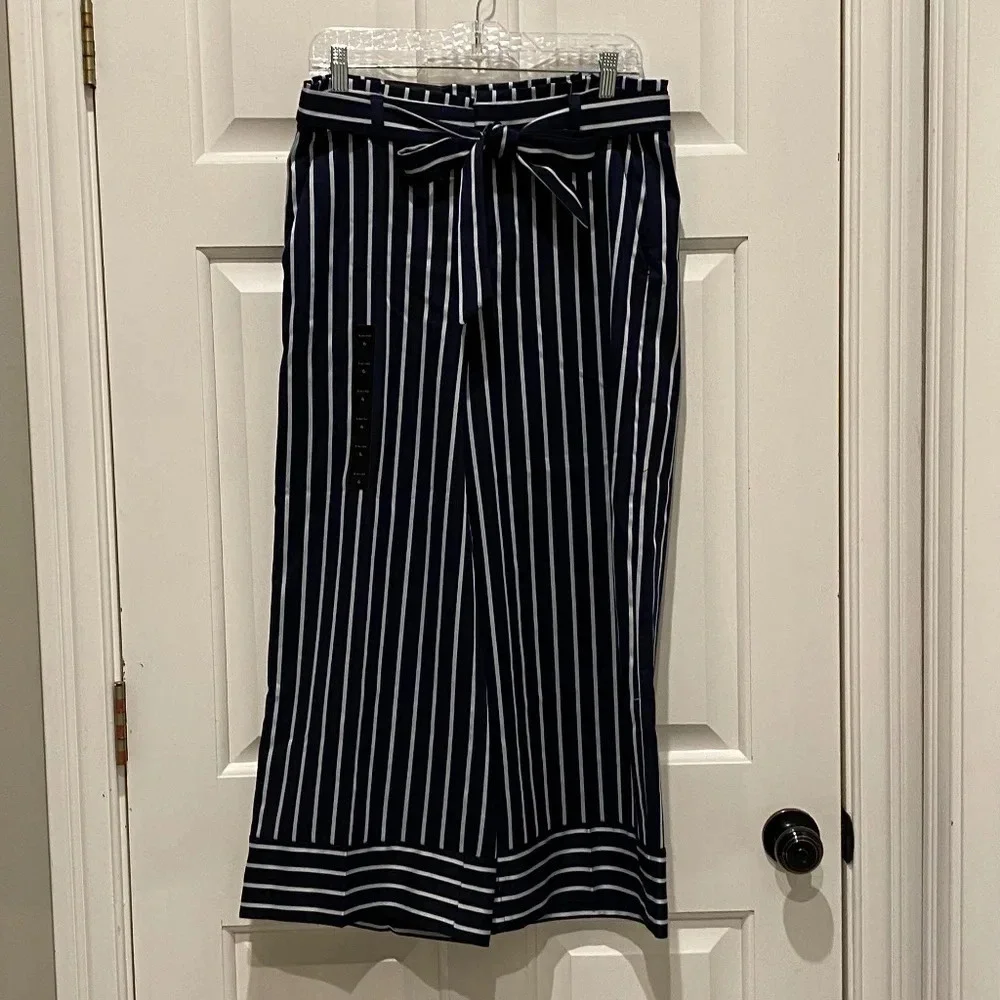 New! Banana Republic Blake Crop wide leg pants Navy stripe Linen 16295